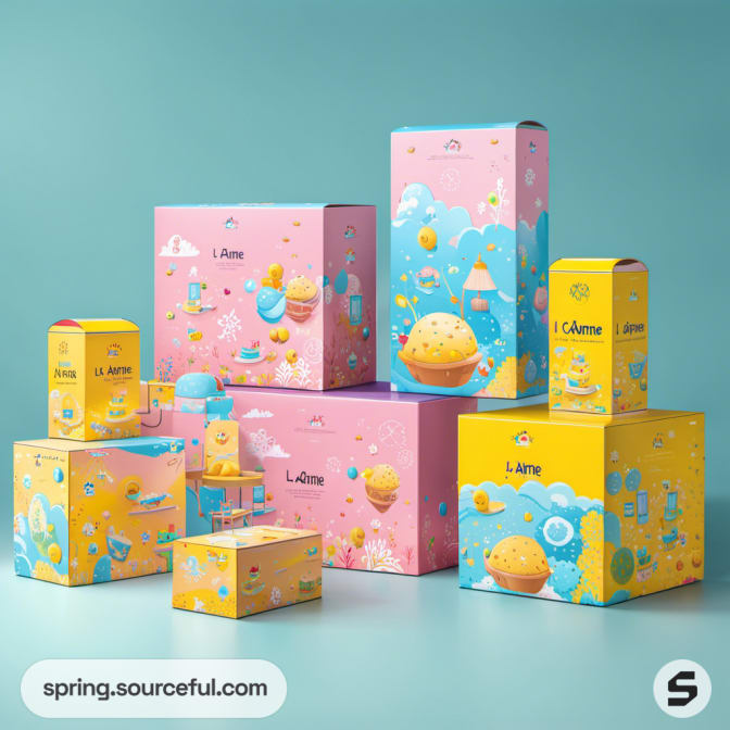 Assorted pink and yellow illustrated boxes with blue backdrop.