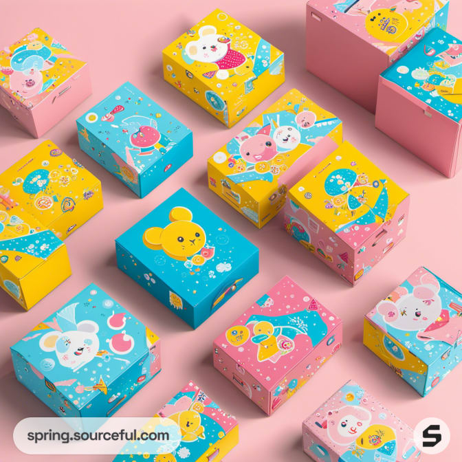 Mixed cartoon character boxes on pink background.