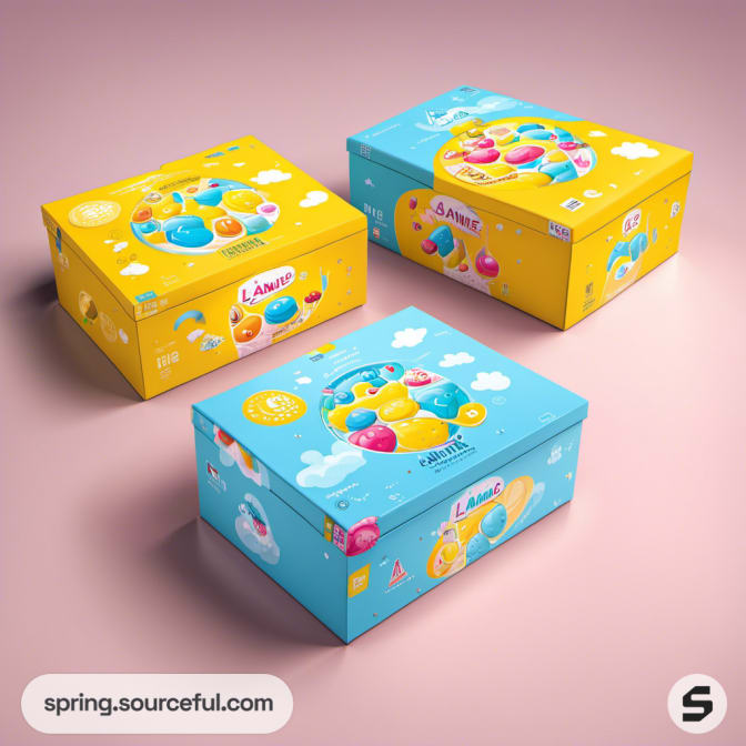 Three colorful boxes with playful designs on pink surface.