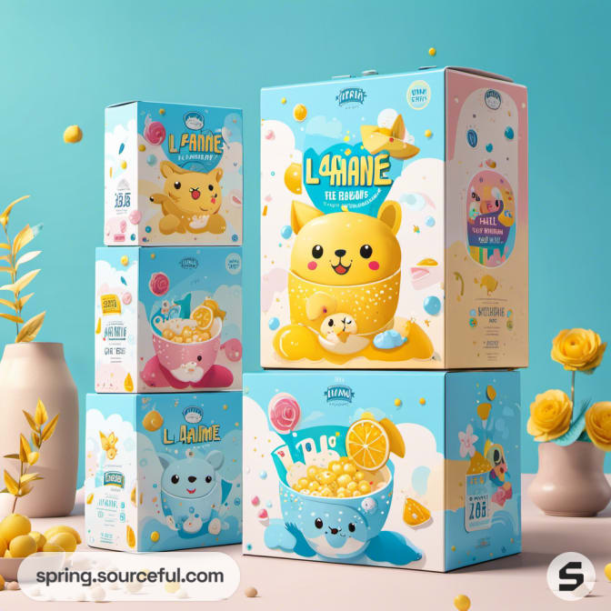 Stacked boxes with cartoon illustrations on turquoise background.
