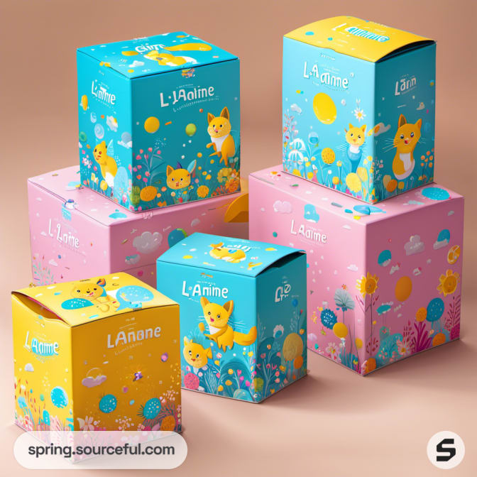 Vividly colored boxes with playful designs on brown background.