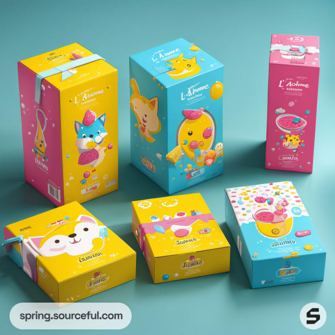 Assorted vertical boxes with colorful cartoon patterns on teal background.