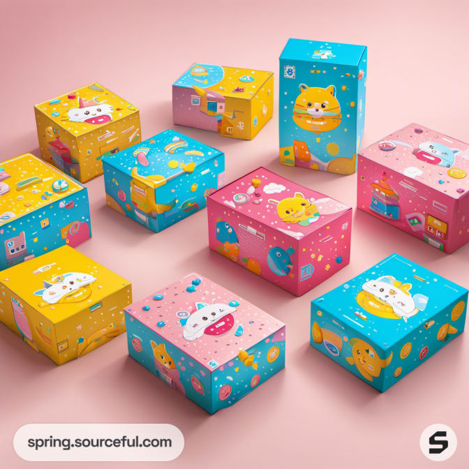 Various colorful boxes with playful designs on pink background.
