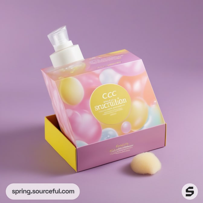 Colorful skincare bottle in a decorative box with a pastel purple background.