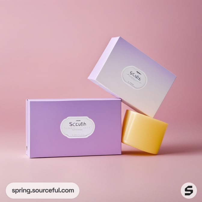 Three gradient color boxes with a yellow sponge on a pink background.