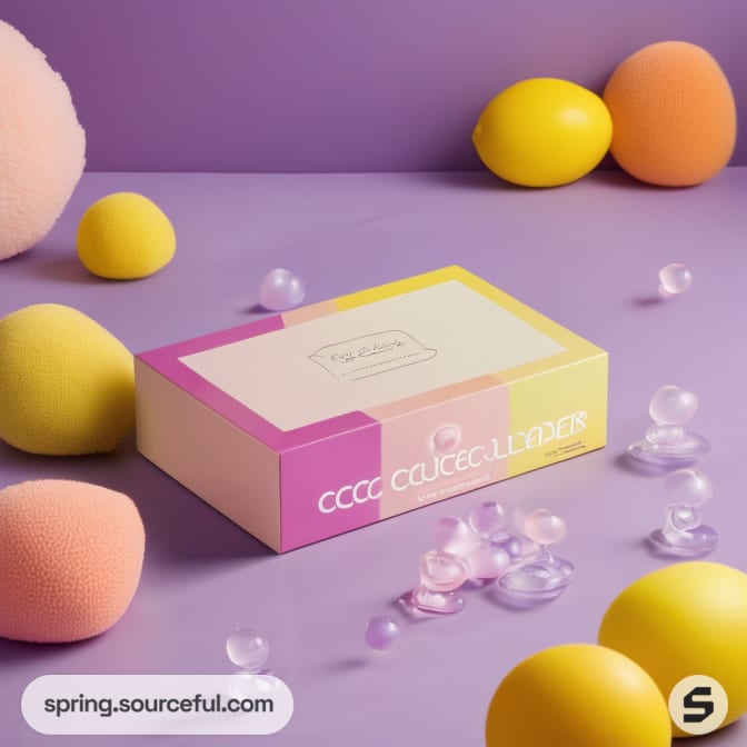 Pastel-colored rectangular box surrounded by yellow and pink sponges.