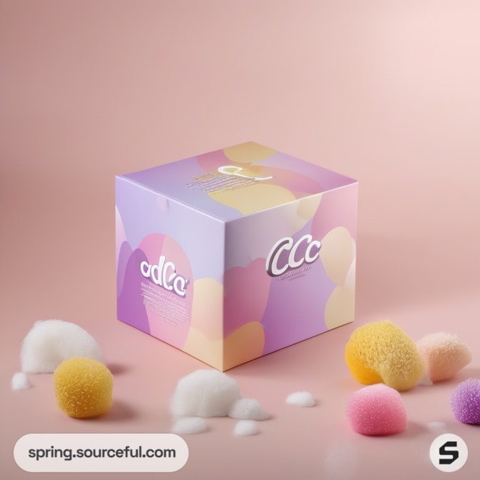 Purple and pink cube box with decorative sponges on a pink background.