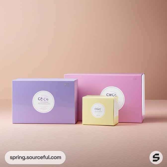 Three pastel boxes in purple and pink hues on a beige background.