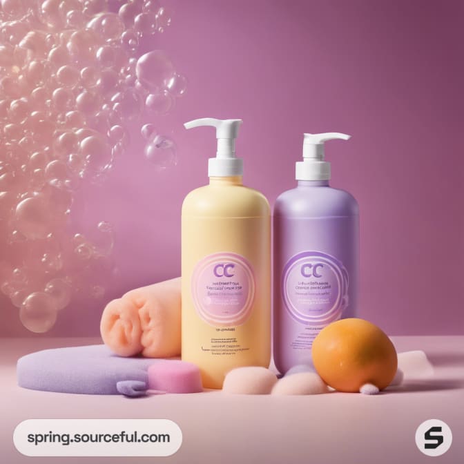 Two pump bottles with pastel color labels and sponges on a pink background.