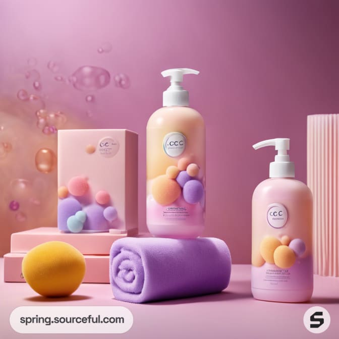 Two bottles with pastel labels and colorful packaging with sponges.