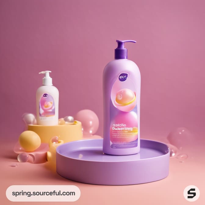Purple and white pump bottles on a pastel background with sponges.