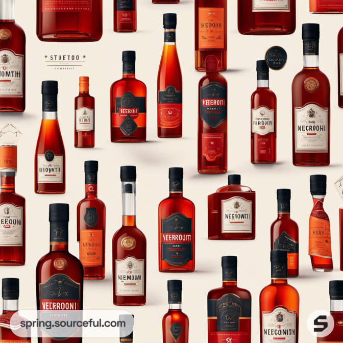 Assorted bottles of vermouth and Negroni with red labels on a light background.