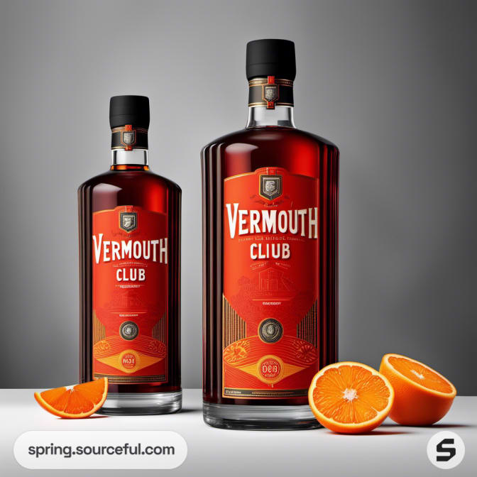 Two vermouth bottles with orange slices on a gray background.