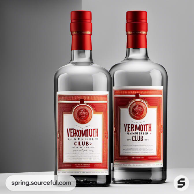 Two vermouth bottles with red caps and white labels on a gray background.