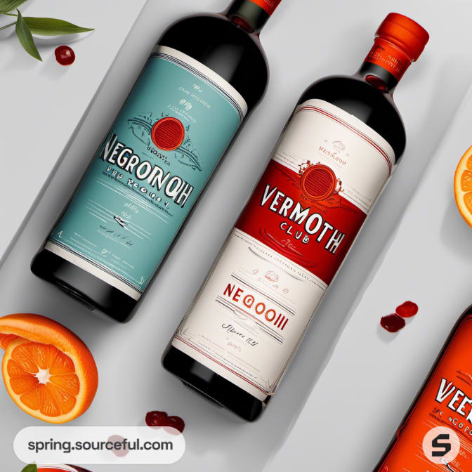 Two bottles of vermouth with teal and white labels, surrounded by oranges.