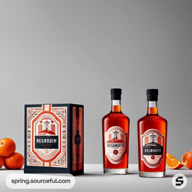 Two Negroni bottles with a decorative box and oranges beside.