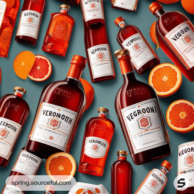 Various bottles of vermouth and Negroni with orange slices on a teal background.