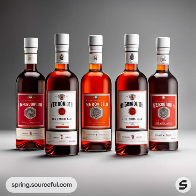Five vermouth bottles with various red labels on a gray background.