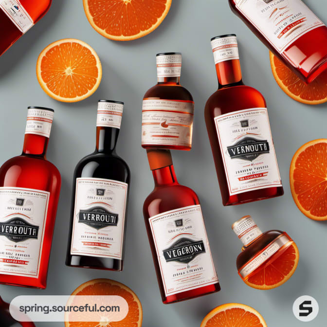 Bottles of vermouth with orange slices on a teal background.