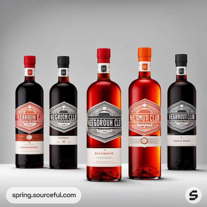 Five bottles of vermouth with red and black labels on a light background.