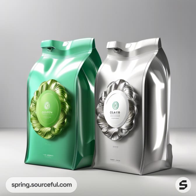 Two resealable pouches, one green and one silver, with decorative round seals on the front against a gray background.