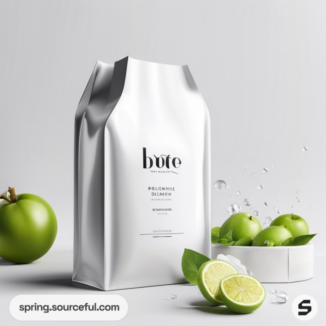 White resealable pouch with green apples and lime slices on a light background.