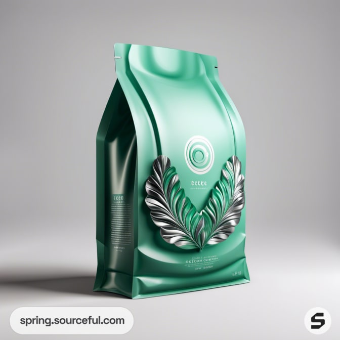 Green resealable pouch with leaf designs on a gray background.