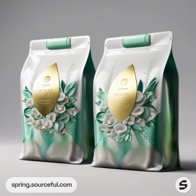 Elegant resealable pouches with floral design and gold leaf accents.