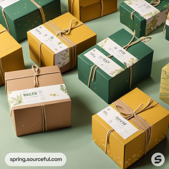 Green and yellow boxes with white labels and twine on a green surface.