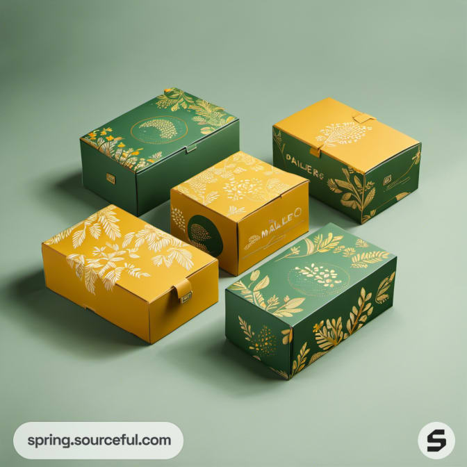 Five green and yellow floral-printed boxes on a green background.