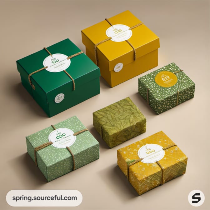 Six green and yellow textured gift boxes with circular labels on beige.