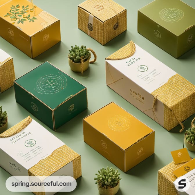 Assorted green, yellow, and white boxes with textured patterns and labels.