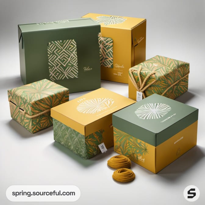 Green and yellow patterned boxes with twine ties on a gray backdrop.