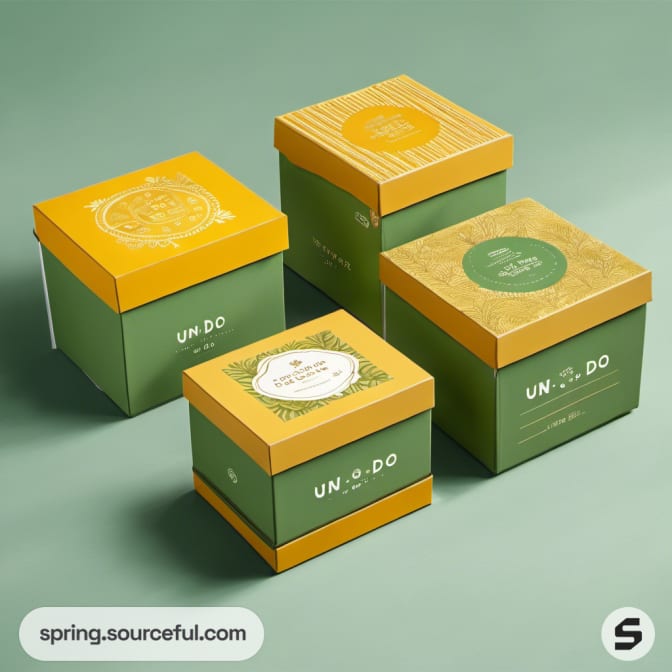 Four green and yellow boxes with decorative lids on a green surface.