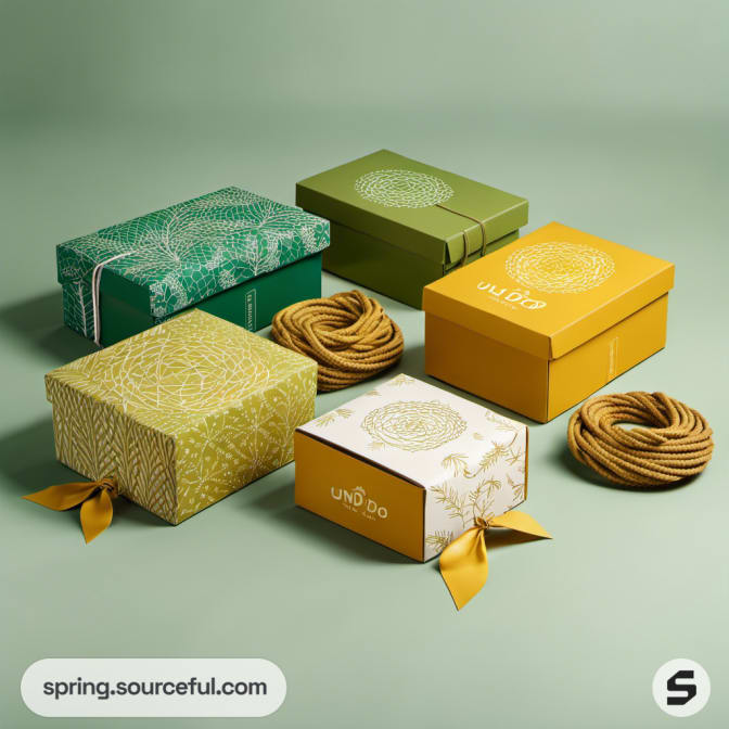 Five gift boxes in green and yellow shades with ribbons on a green backdrop.