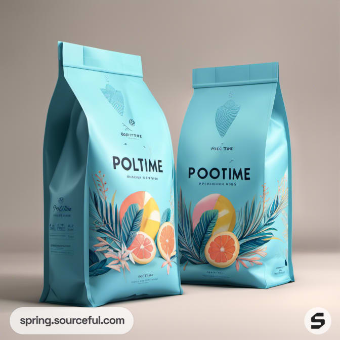 Two aqua pouches with citrus and leaf illustrations.