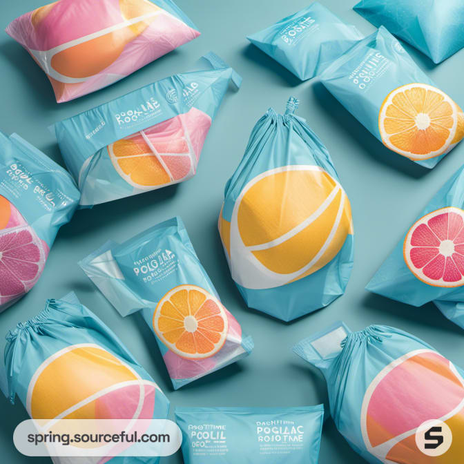 Assorted packaging with citrus designs on aqua pouches.