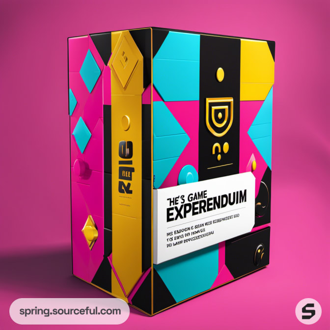 Colorful geometric game box on pink background.