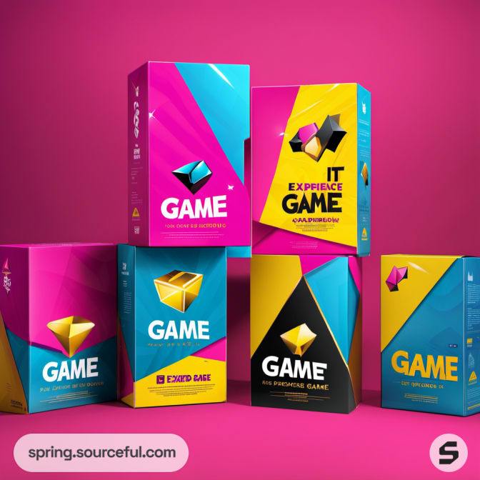 Stacked game boxes with geometric designs.