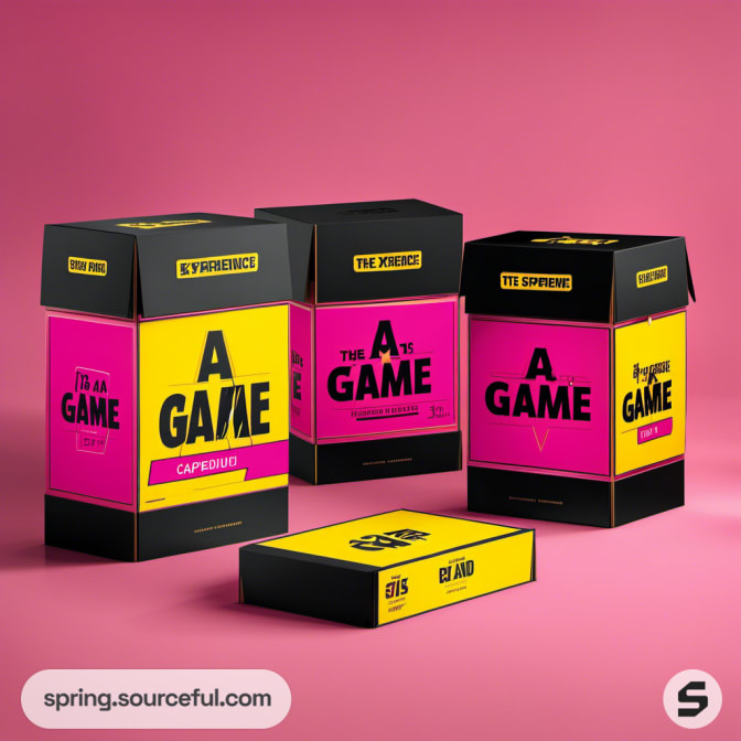 Black and pink game boxes on pink background.