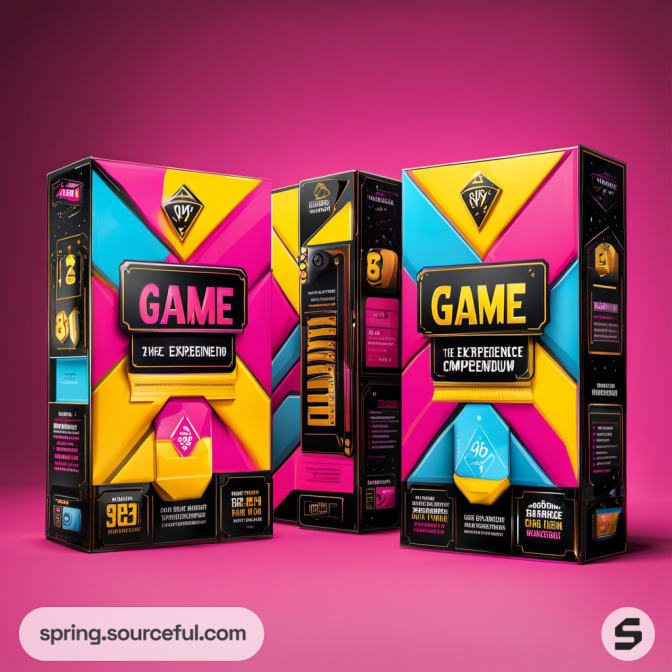Geometric game boxes in vibrant colors.