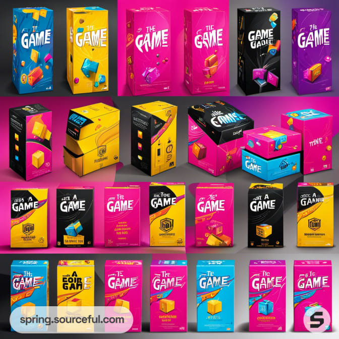 Multiple game boxes with colorful patterns.