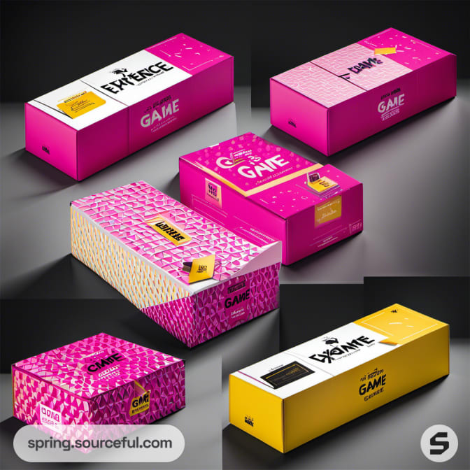Pink rectangular game boxes on dark background.