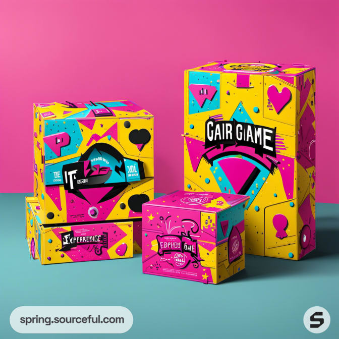 Colorful game boxes on pink and teal background.
