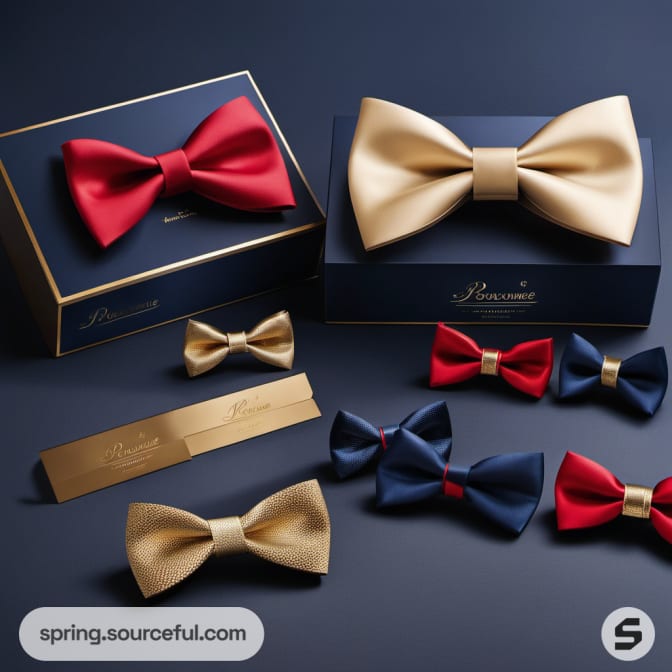 Bow ties in luxury boxes with red, blue, and gold designs on dark backgrounds.