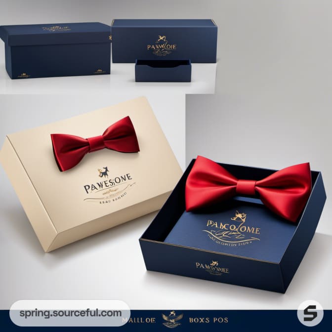 Red bow tie in a navy and beige gift box with elegant packaging.