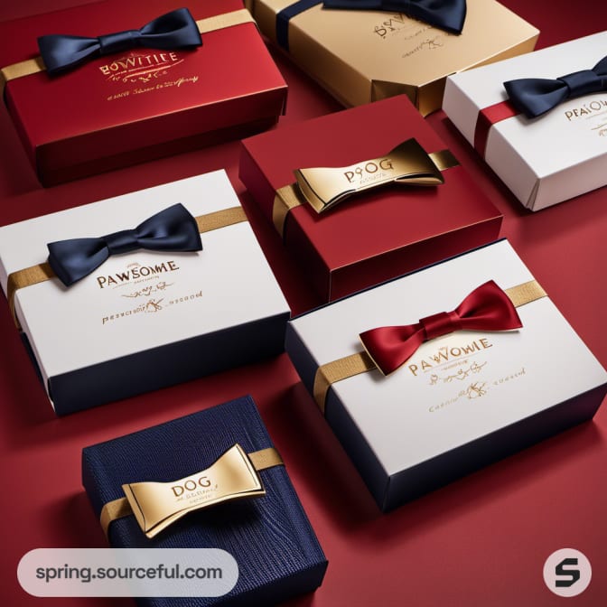 Collection of red, navy, and gold bow ties in assorted gift boxes.