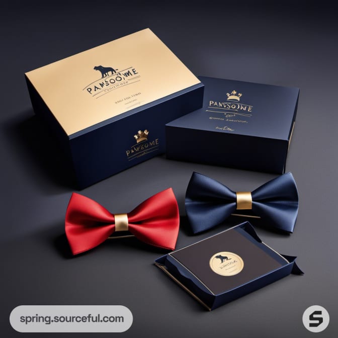 Red and blue bow ties in elegant navy and gold packaging.