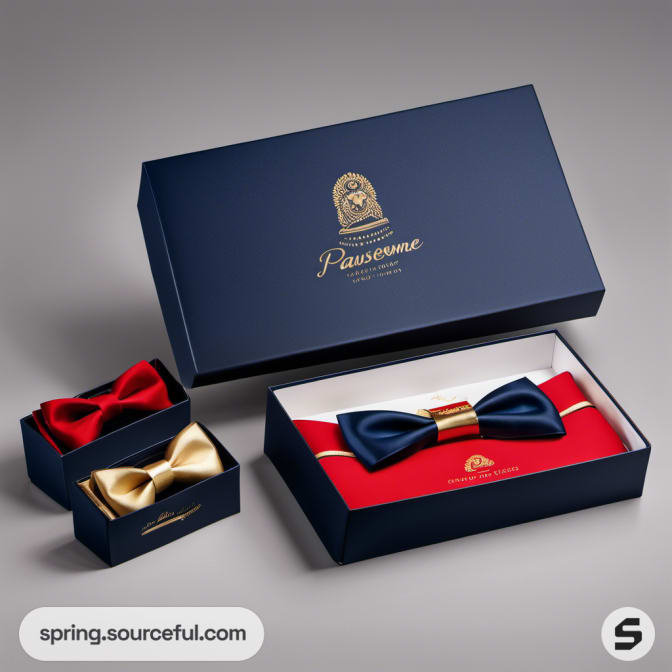 Bow ties in navy, red, and gold in luxurious gift boxes.