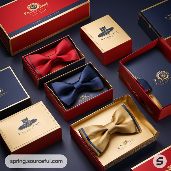 Selection of bow ties in navy, red, gold gift boxes with regal designs.